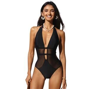 Cupshe Women's Mesh Plunging Halter One Piece Swimsuit Black Size Large